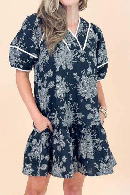 In Full Swing Black Floral V-neck Short Sleeve Dress by Entro