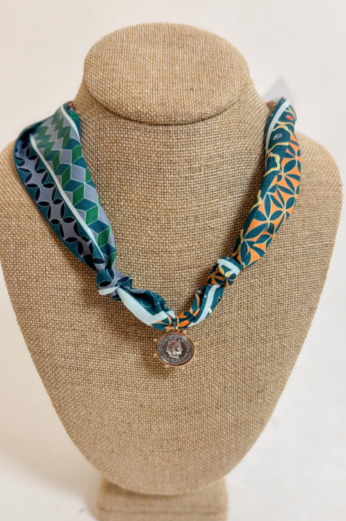 Green, Gray &amp; Orange Scarf Necklace With Two Tone Coin Charm