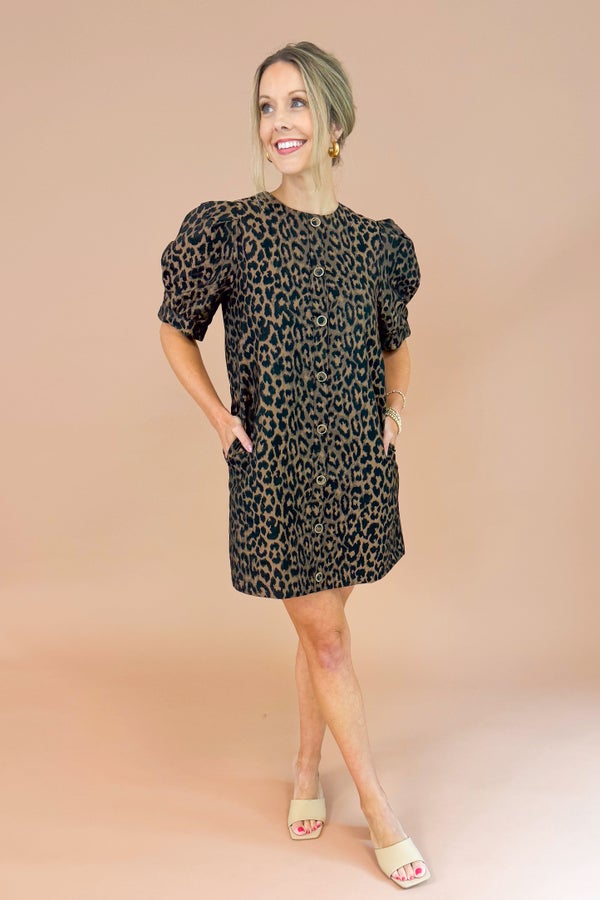 Double Down Leopard Textured Dress With Gold Buttons by Entro