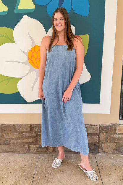 Echo In The Clouds Denim A-Line Maxi Dress