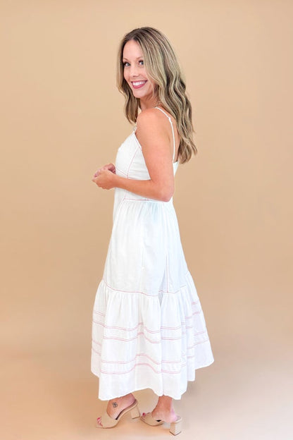 Run The Route Cream With Red Stitch Midi Dress by Fate