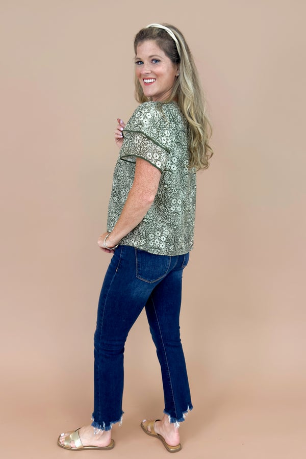 Coastal Stroll Olive &amp; Cream Printed Ruffle Sleeve Top by Skies Are Blue