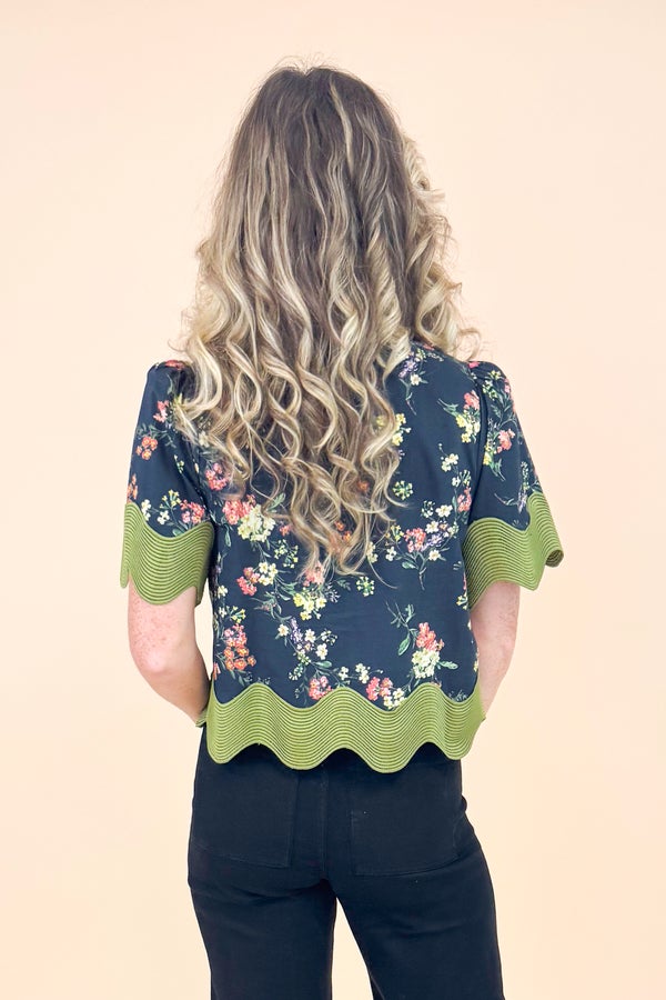Just Because Black Floral Print With Olive Textured Scallop Lining Top by Entro