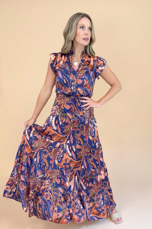 In the Spotlight Navy &amp; Rust Paisley Maxi Dress