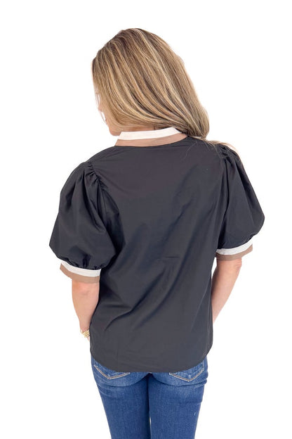 Swept Away Black With Cream &amp; Brown Stripe Detail V-neck Top by Entro