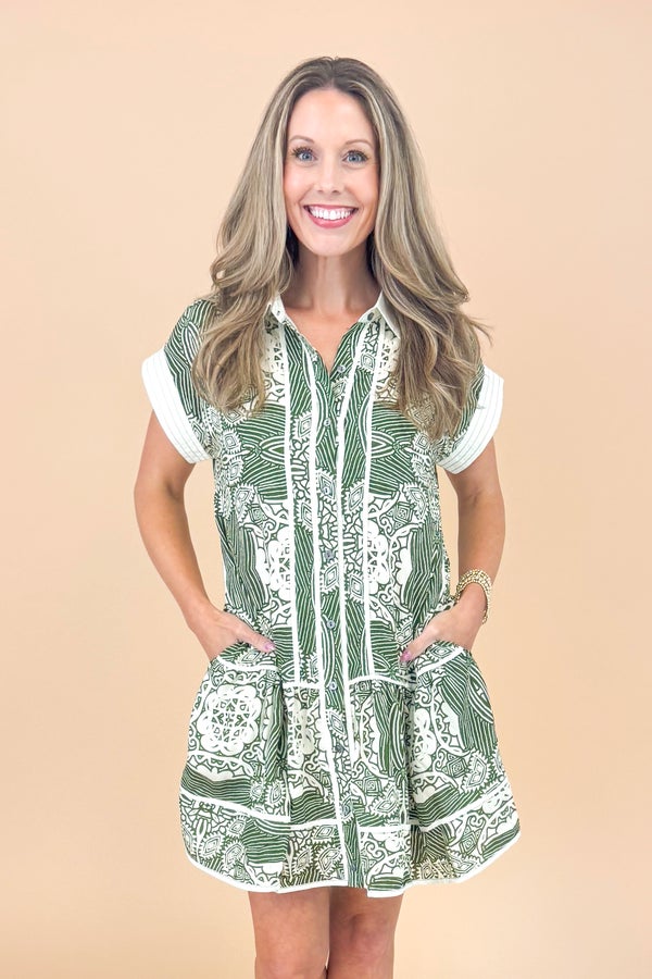 By Your Side Olive &amp; Cream Abstract Print Dress by Entro