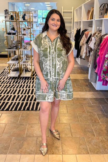 By Your Side Olive &amp; Cream Abstract Print Dress by Entro