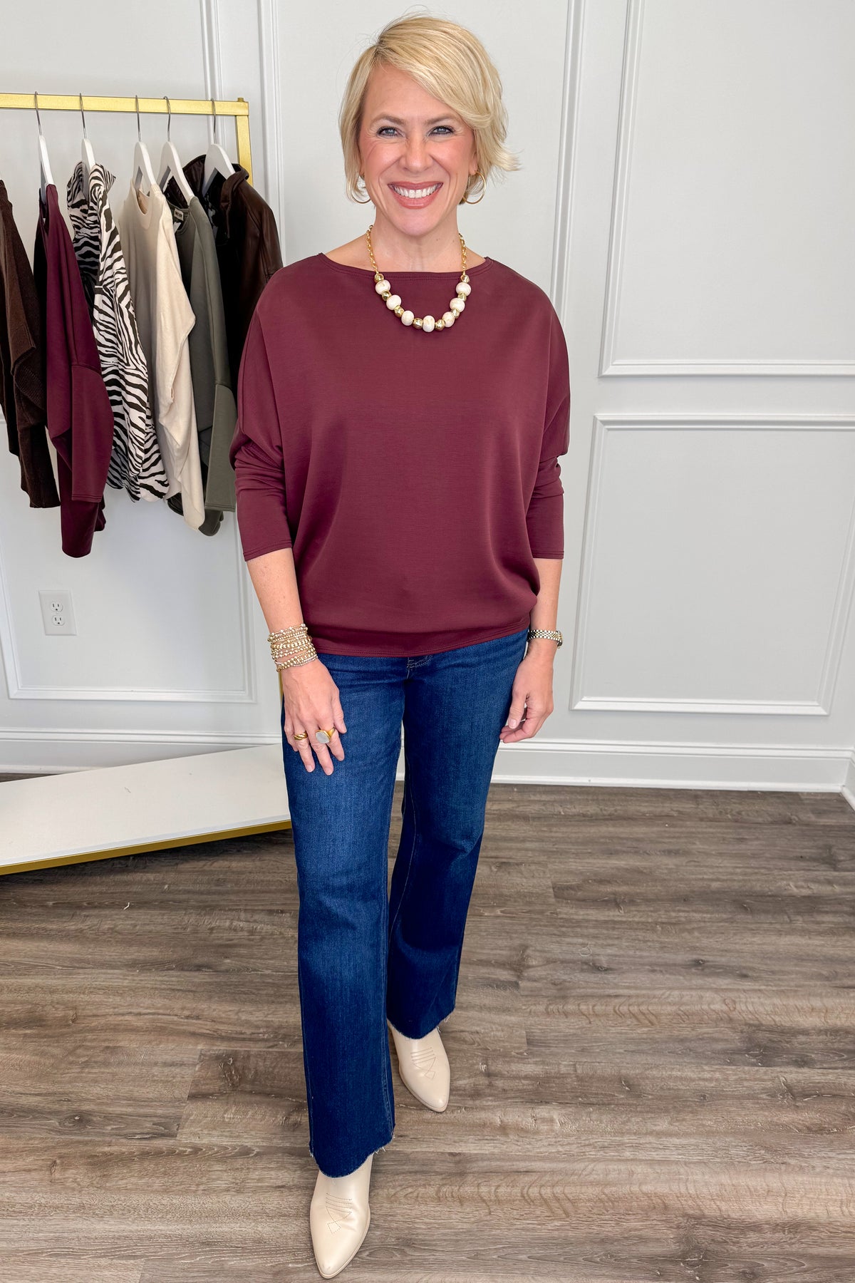 Talk Of The Town Burgundy Dolman Long Sleeve Top