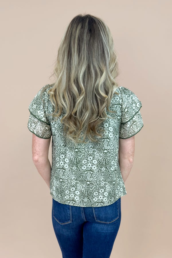 Coastal Stroll Olive &amp; Cream Printed Ruffle Sleeve Top by Skies Are Blue