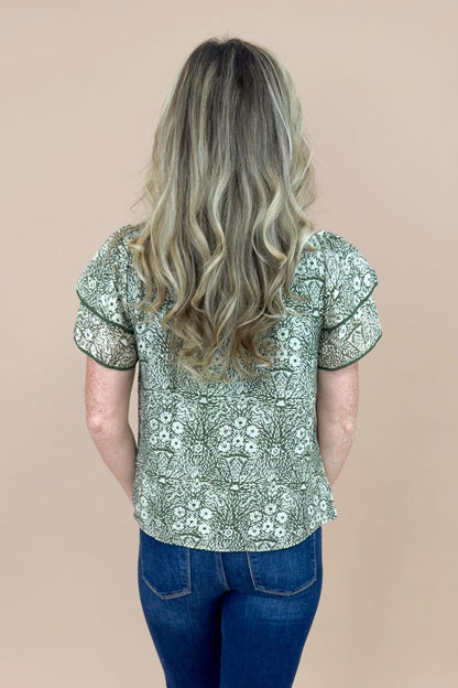 Coastal Stroll Olive &amp; Cream Printed Ruffle Sleeve Top by Skies Are Blue