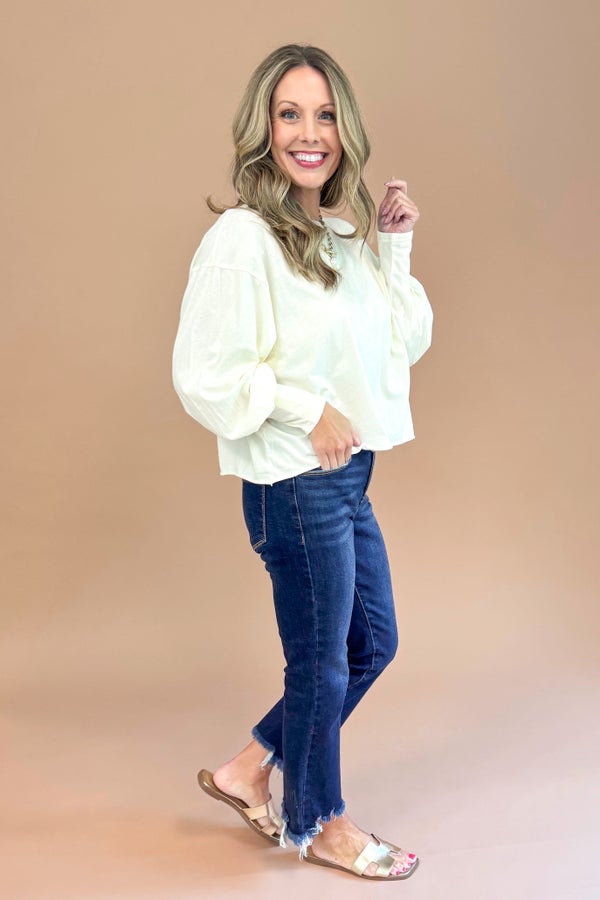 Catch Me If You Can Cream Pleat Sleeve Detail Long Sleeve Tee