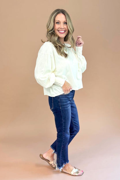 Catch Me If You Can Cream Pleat Sleeve Detail Long Sleeve Tee