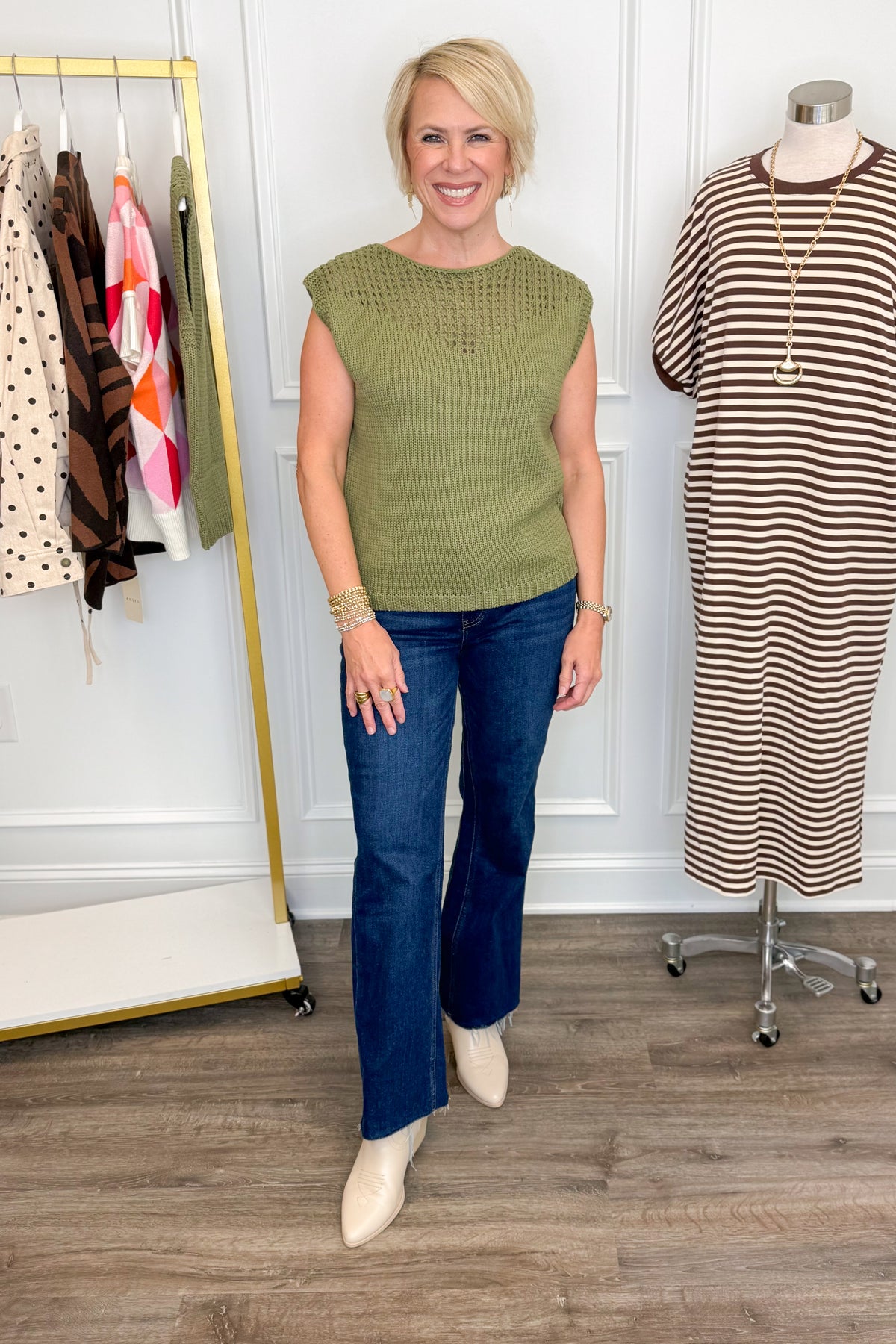 Just For Good Measure Olive Open Knit Sleeveless Sweater