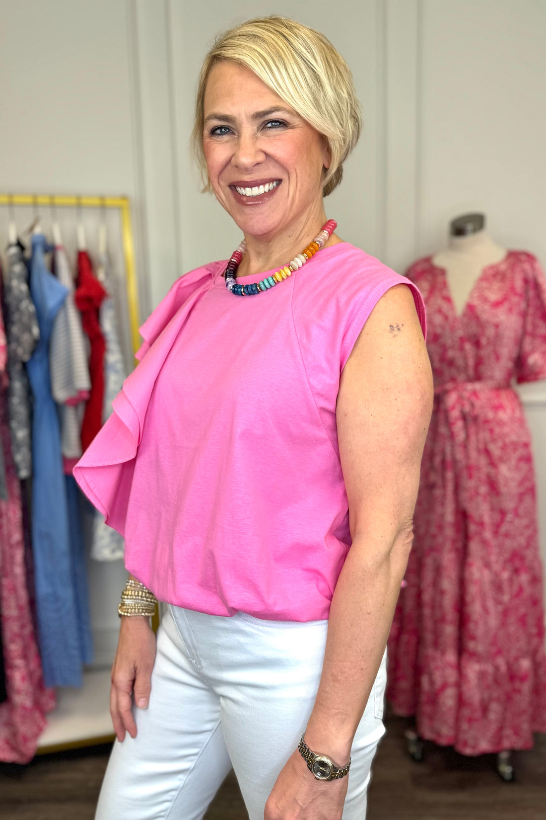 One &amp; Done Pink One Shoulder Ruffle Top