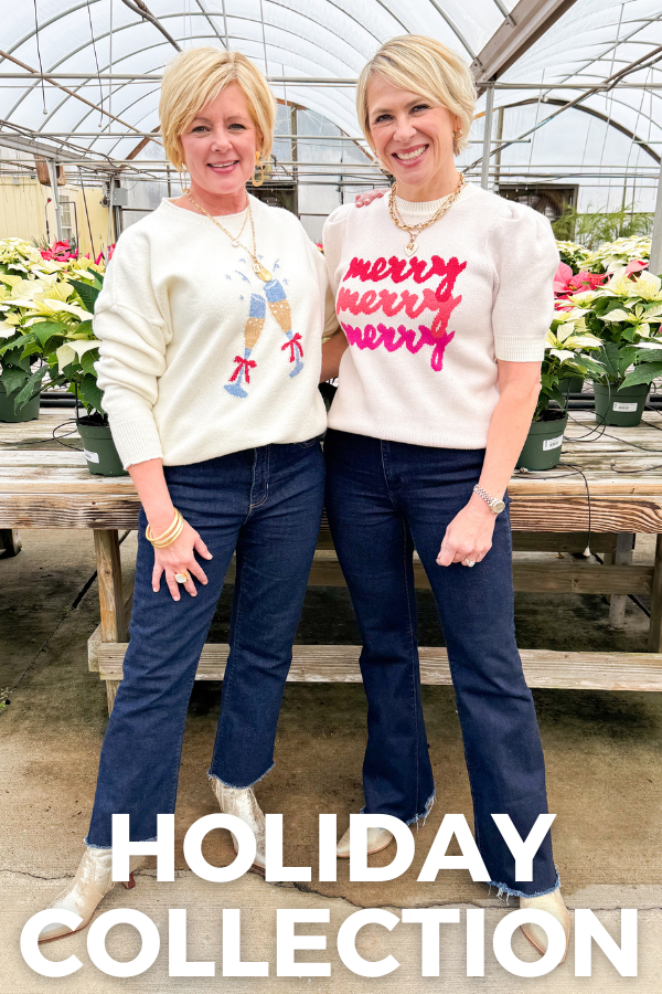 Two women standing in a greenhouse with 'Merry' shirts, surrounded by plants. Text 'Holiday Collection' at the bottom.