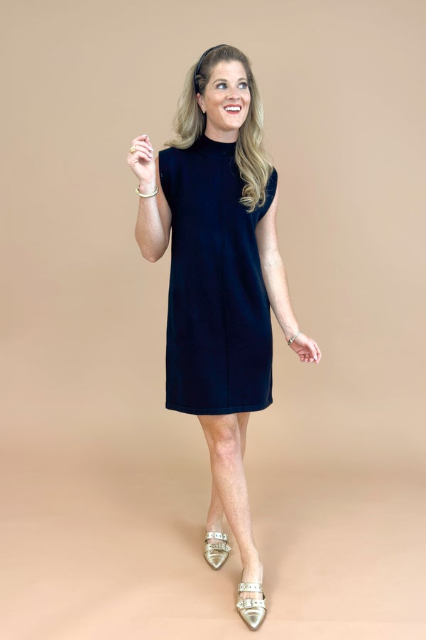 Worth The Chill Black Sleeveless Mock Neck Dress by Skies Are Blue