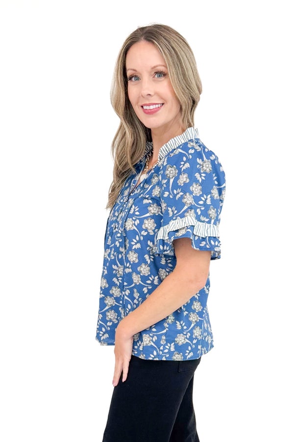 Freshly Brewed Blue Floral &amp; Stripe Detail V-neck Short Sleeve Top by Entro