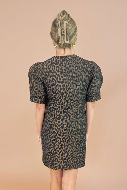 Double Down Leopard Textured Dress With Gold Buttons by Entro