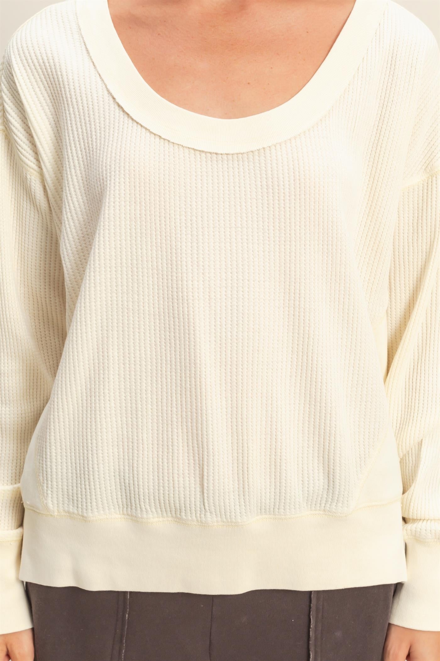 Falling Fast Cream Round Neck Waffle Weave Top