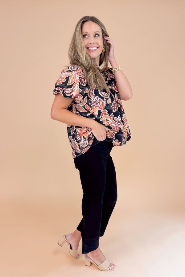Fast Lane Black Floral Printed Smocked Detail Top by TCEC