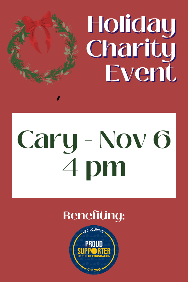Advertisement for a holiday charity event with a wreath graphic and text on a red background.