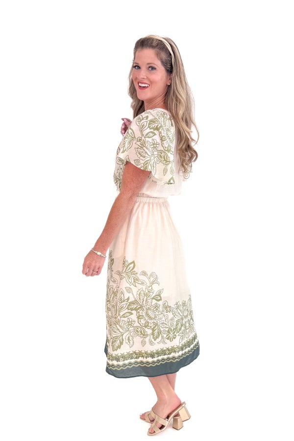Café In Paris Cream &amp; Olive Printed Button Up Dress by Skies Are Blue