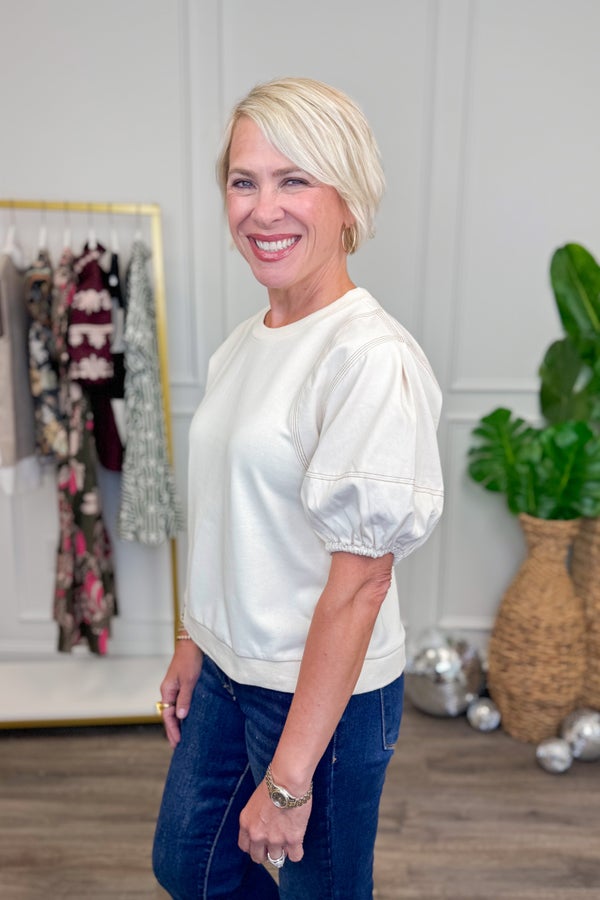 Spill The Tea Ecru Stitch Detail Puff Sleeve Top
