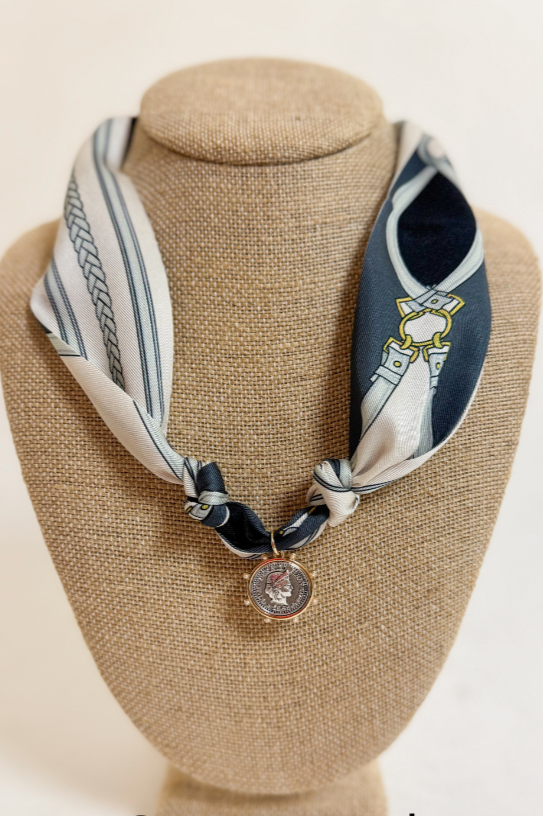 Black, Gray & Cream Scarf Necklace With Two Tone Coin Charm