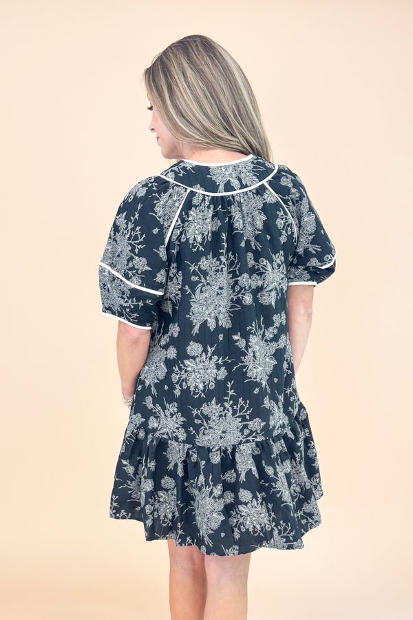 In Full Swing Black Floral V-neck Short Sleeve Dress by Entro