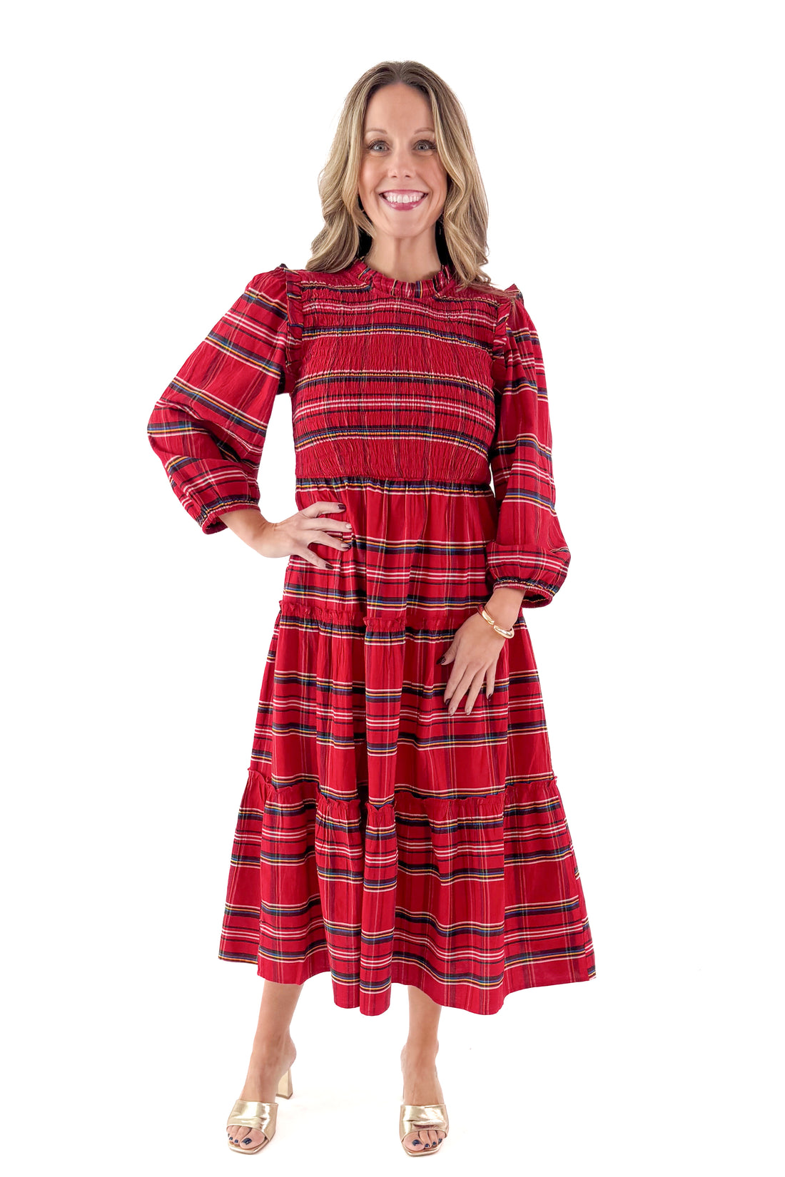 Front view of woman wearing Red Walton Plaid Midi Dress against white studio background.