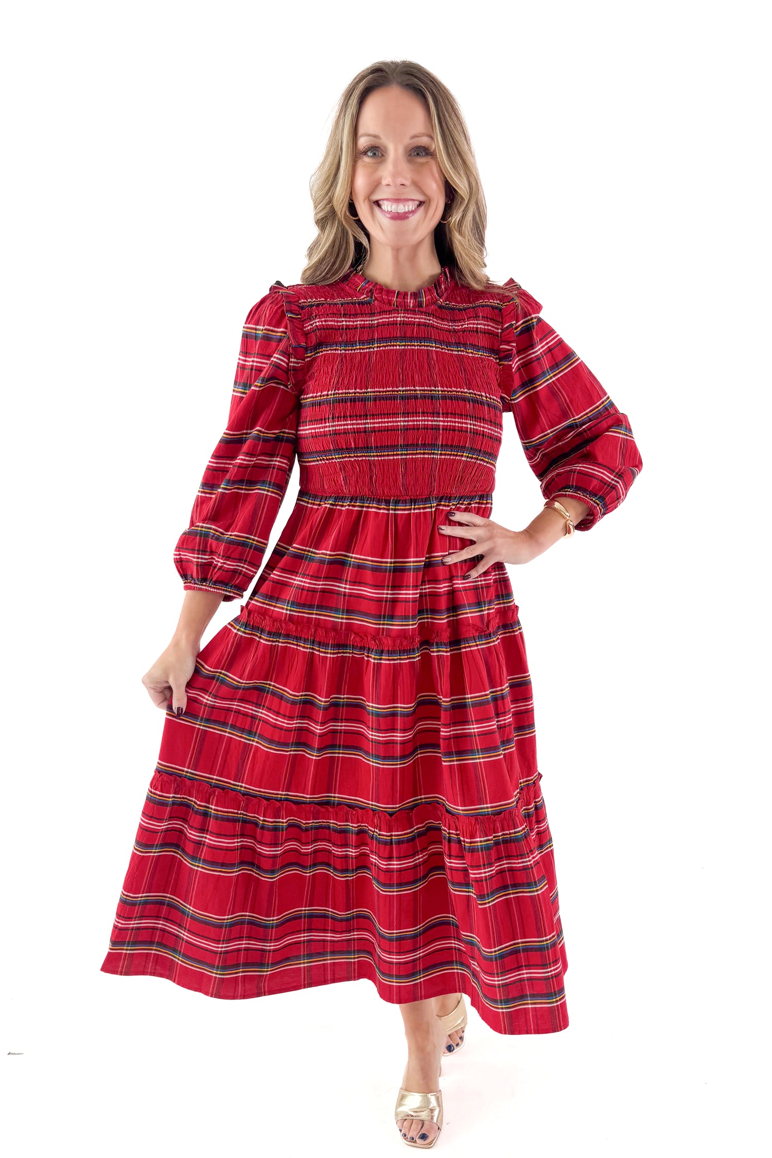 Front view of woman wearing Red Walton Plaid Midi Dress against white studio background.