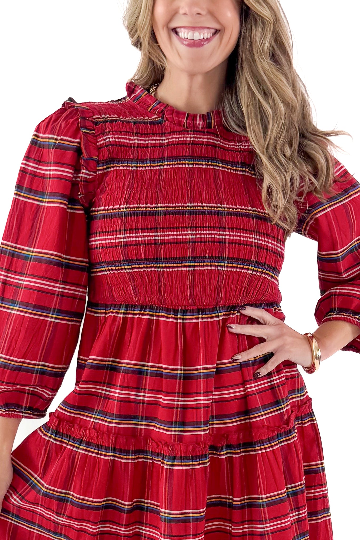 Front detailed view of woman wearing Red Walton Plaid Midi Dress against white studio background.