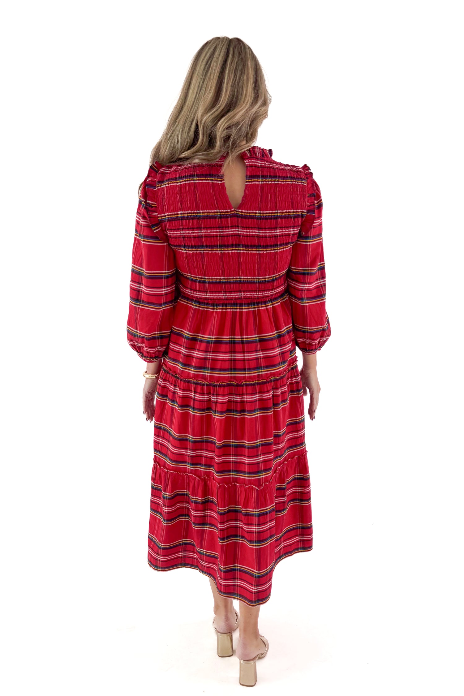Back view of woman wearing Red Walton Plaid Midi Dress against white studio background.