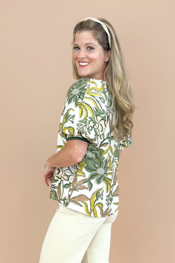 First Class Favorite Olive Floral &amp; Stripe Accent V-neck Top by Entro