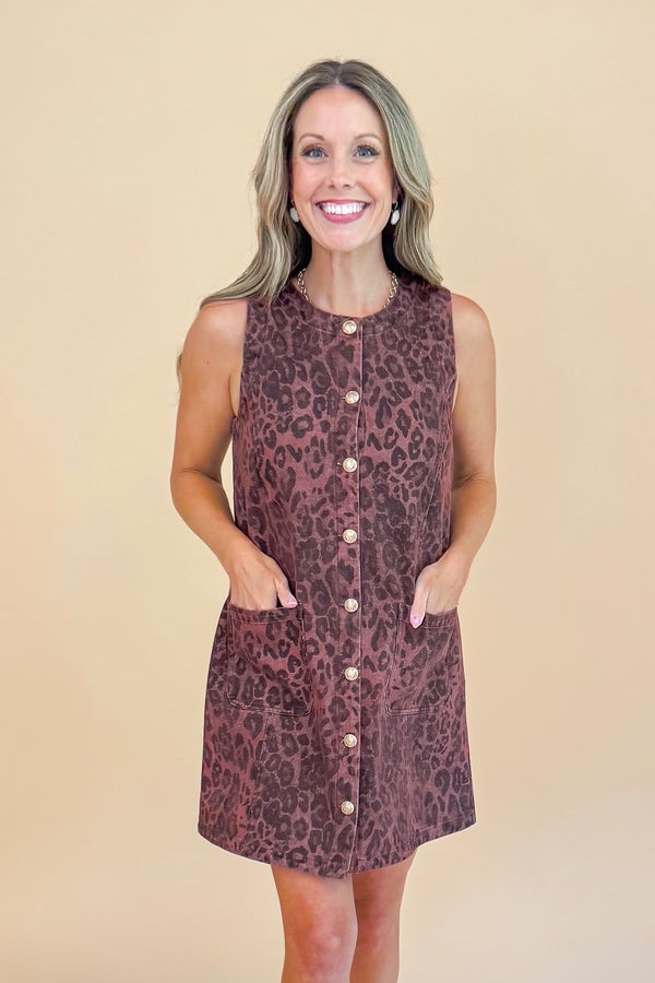 House Rules Brown Leopard Button Up Dress by Entro