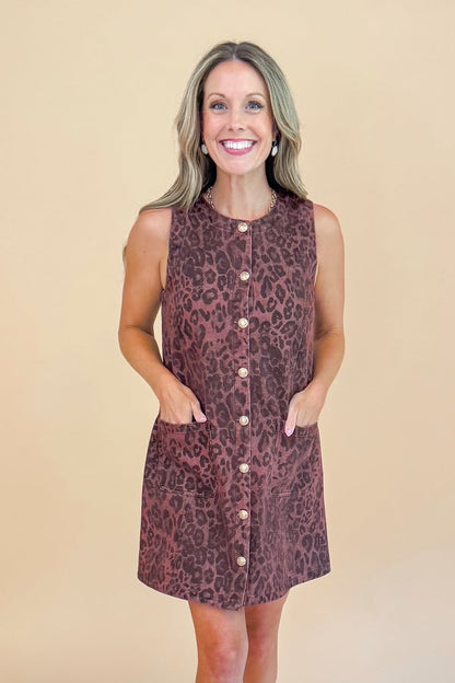 House Rules Brown Leopard Button Up Dress by Entro