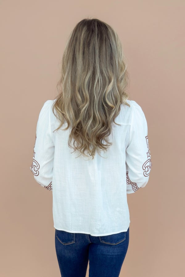 Chai Time Ivory &amp; Brown Embroidered Detail Top