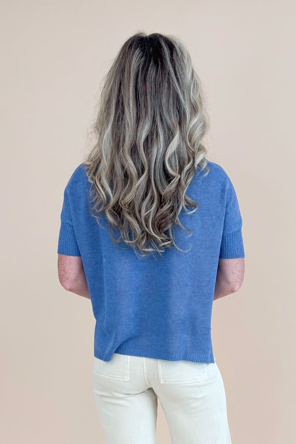 Cup Half Full Blue Boatneck Short Sleeve Sweater