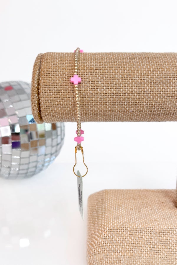 Signature Cross Bright Pink/Gold Pattern 2mm Bead Bracelet by e newton
