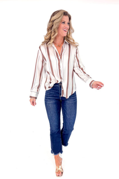 Chasing Fall Brown &amp; Cream Striped Satin Top
