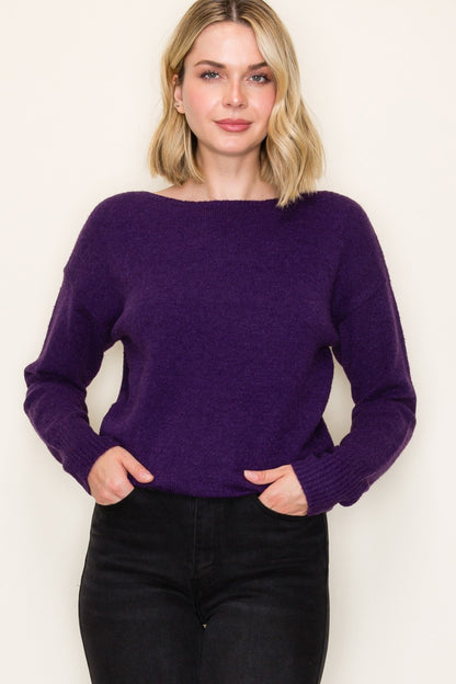 Don’t Wait Up Dark Purple Ribbed Hem Sweater