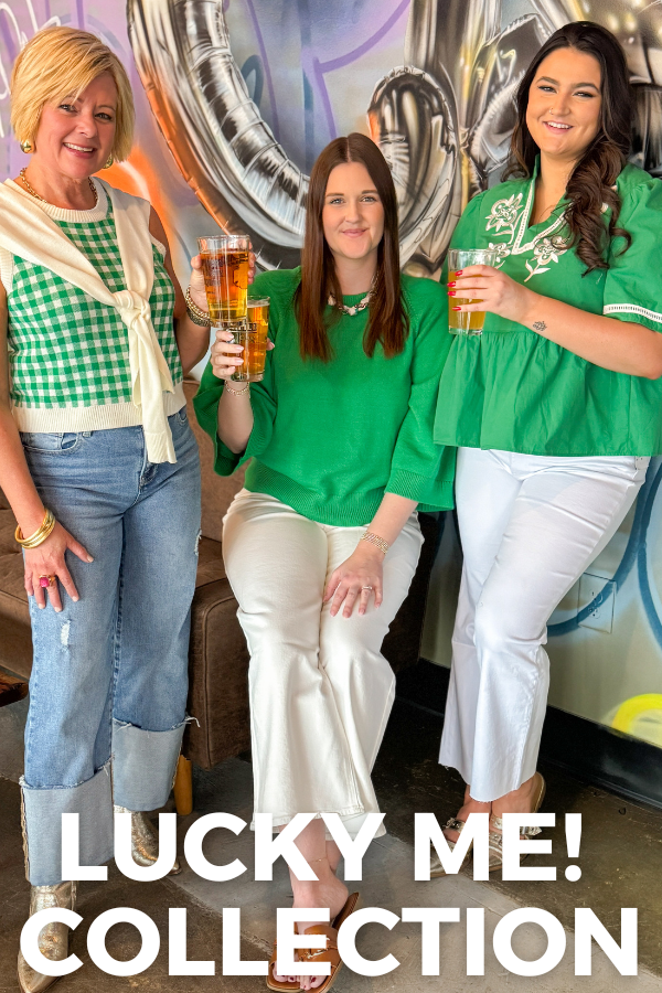 Three women in green shirts holding drinks with a colorful balloon in the background, featuring 'Lucky Me! Collection' text.