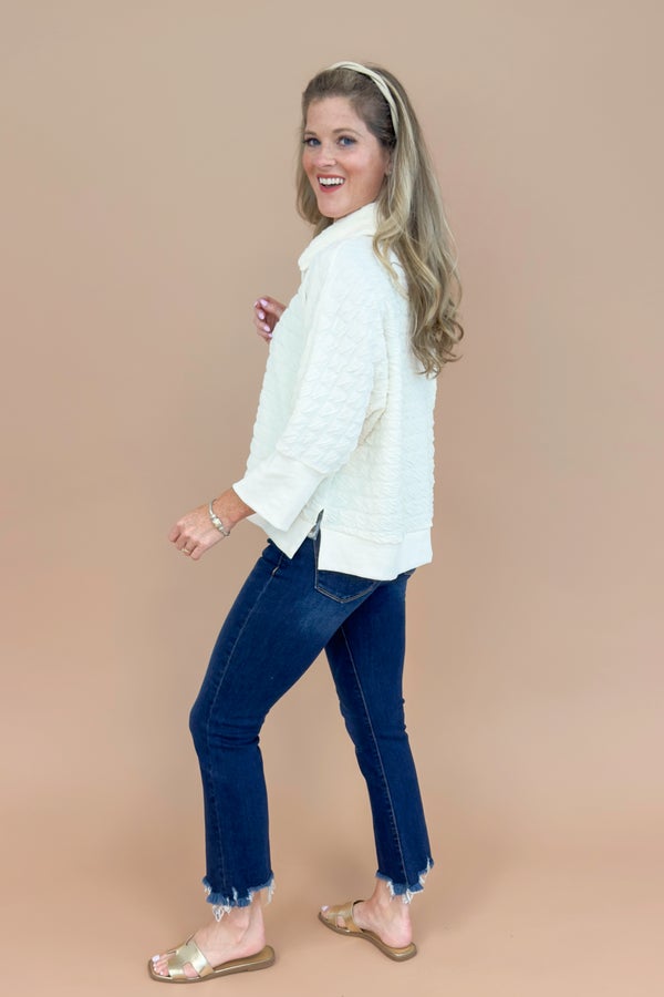 Pour Some Sugar On Me Ivory Textured 3/4 Sleeve Sweatshirt Top