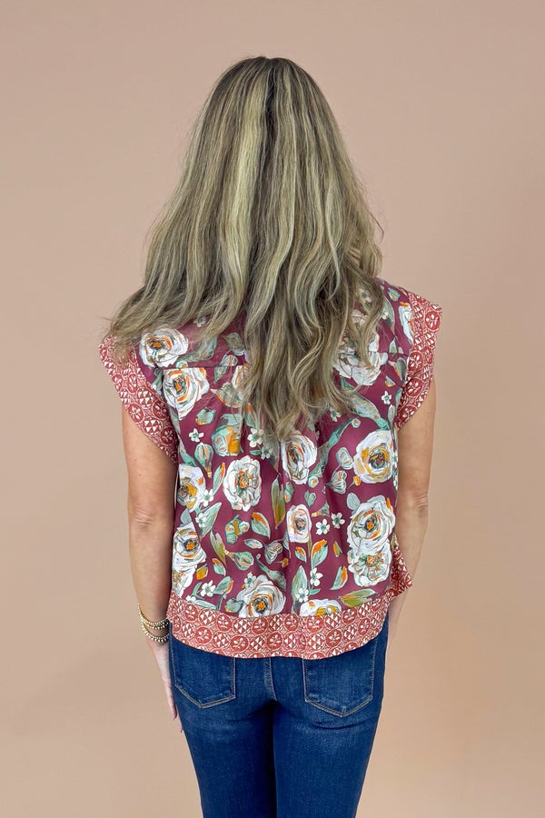 Over The Moon Burgundy Floral With Border Print Top by Entro