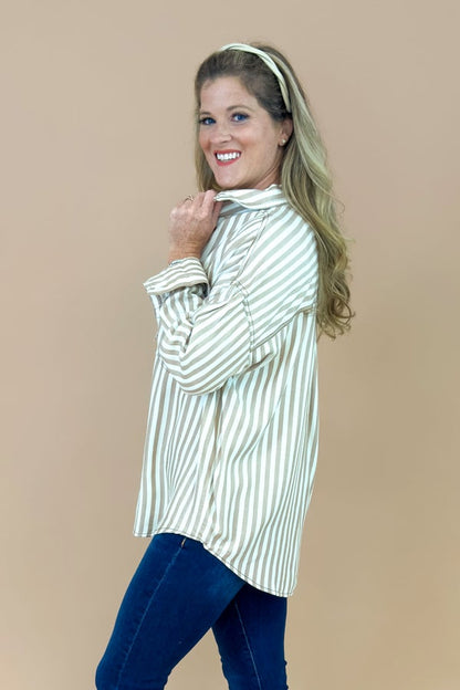 Java Jive Khaki Stripe Button Down Top