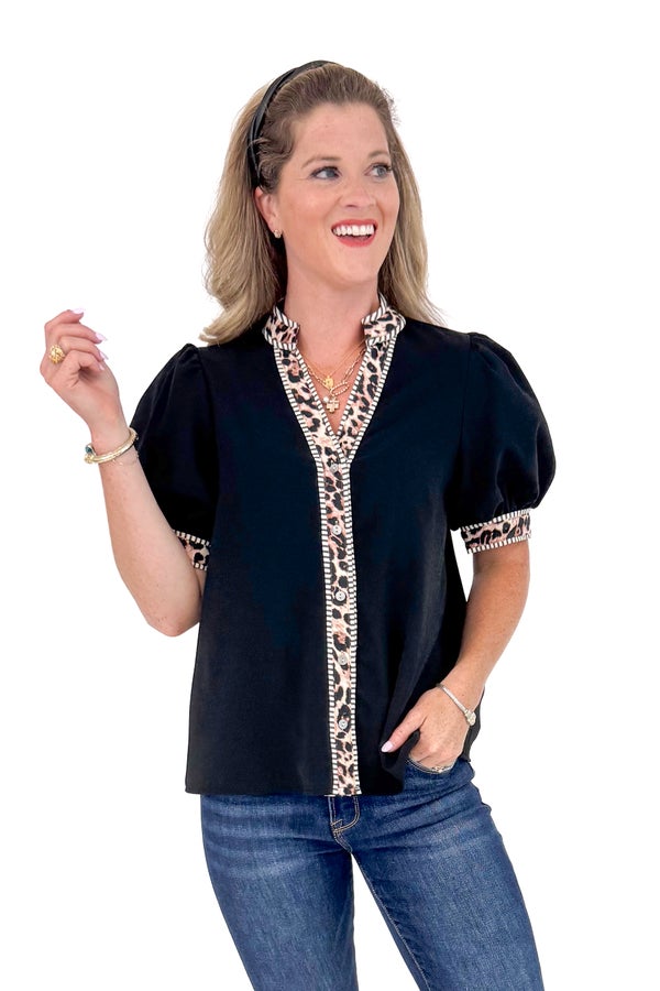 Roam Free Black With Leopard Lining Button Up Top