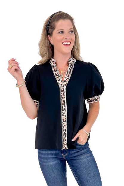 Roam Free Black With Leopard Lining Button Up Top