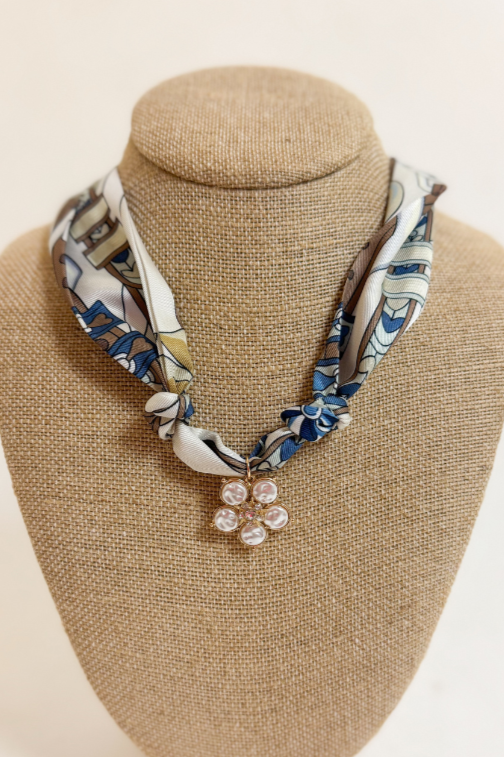 Cream &amp; Blue Scarf Necklace With Gold Pearl Flower Charm