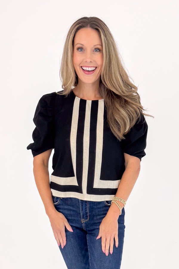 Turning Point Black Stripe Detail Puff Sleeve Top by Entro