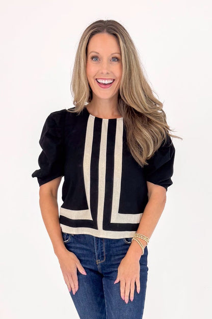 Turning Point Black Stripe Detail Puff Sleeve Top by Entro